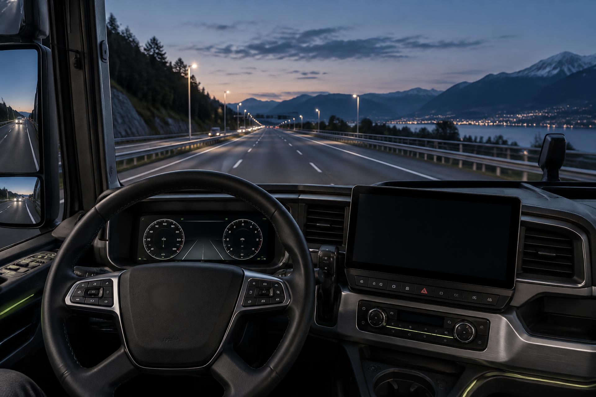 View from the driver's seat of a modern HGV cockpit on a European motorway